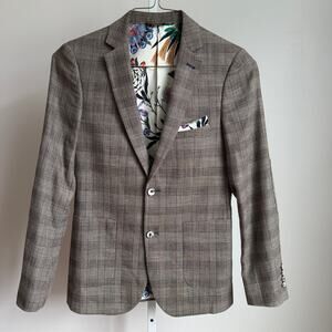 Paisley & Gray sz 36R Taupe‎ wool Plaid Blazer Floral Lining Modern Fit